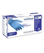 Guanti in nitrile Reflexx 70 azzurri monouso, resistenti e senza lattice. Perfetti per alimenti, laboratori e uso medico, con finitura microruvida per una presa sicura.