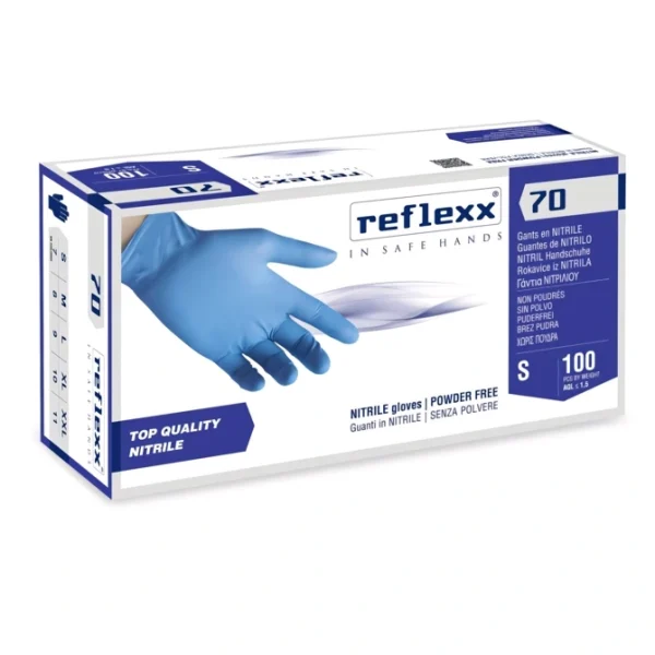 Guanti in nitrile Reflexx 70 azzurri monouso, resistenti e senza lattice. Perfetti per alimenti, laboratori e uso medico, con finitura microruvida per una presa sicura.