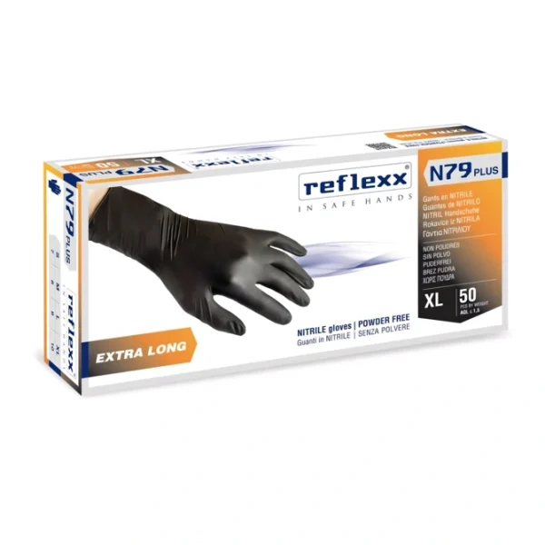 Guanti in nitrile Reflexx N79 Plus neri con manichetta lunga e finitura microruvida