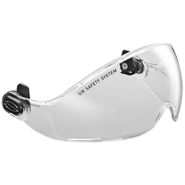 Visore Speed montato su casco Everest, con lente trasparente in policarbonato, in uso su un cantiere edile.