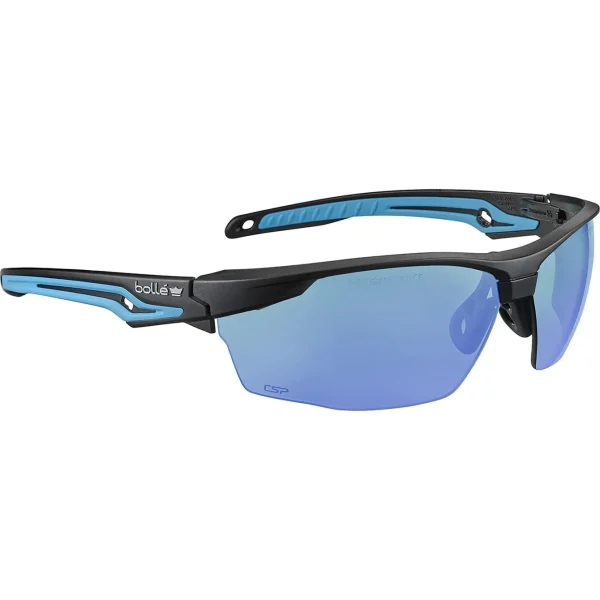 Occhiale Protettivo Bollé Tryon Cobalt Flash dal design sportivo, con lenti specchiate e montatura nera-blu eco-friendly.