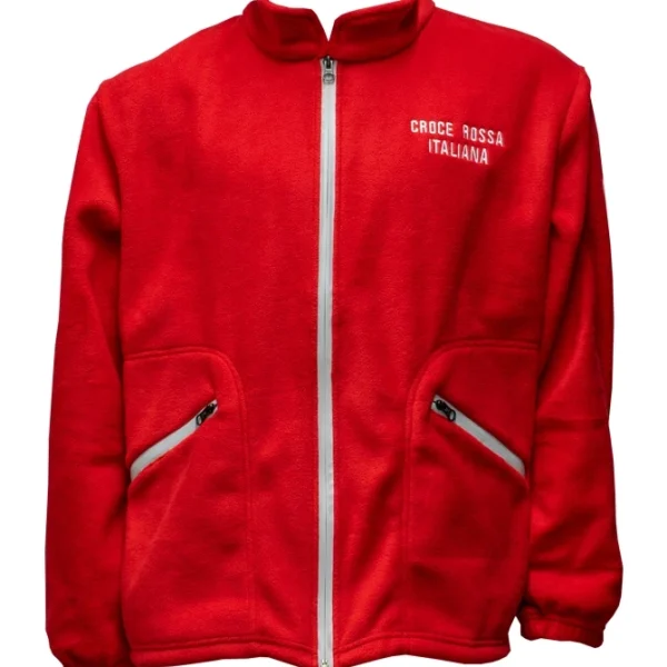 Pile Operativo Croce Rossa Italiana rosso con scritta ufficiale CRI, zip frontale e patch tricolore su manica sinistra