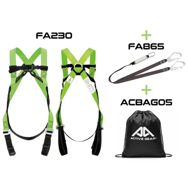 Kit anticaduta doppio con imbracatura FA230 e cordino con assorbitore di energia