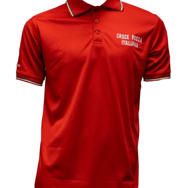 Polo Croce Rossa professionale rossa con logo CRI, divisa operativa per volontari e operatori del soccorso sanitario
