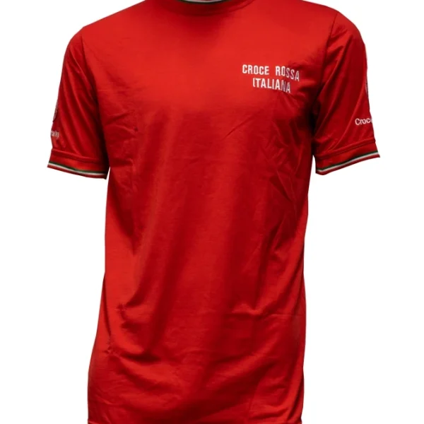 T-shirt Croce Rossa rossa Italiana con emblema CRI sul petto, maglietta per volontari e soccorritori.