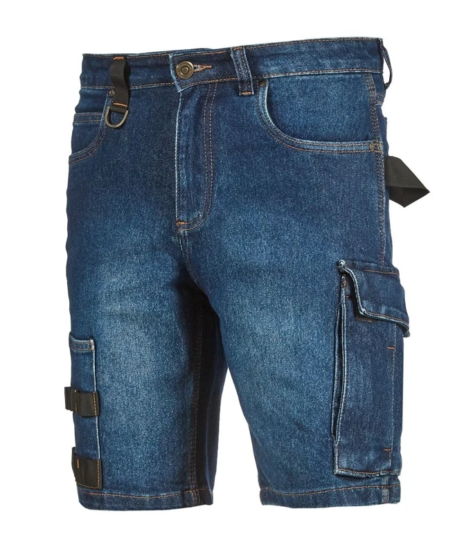 Jeans da lavoro U-Power Salt bermuda multitasche elasticizzati con tasche porta-utensili, zip YKK® e tessuto resistente, ideali per lavori estivi.