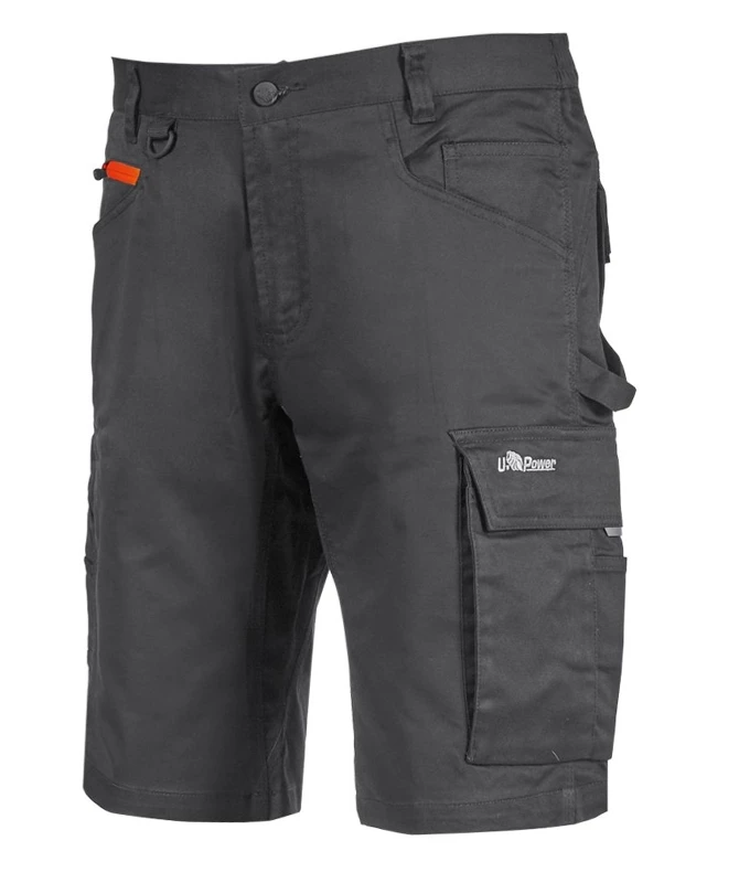 Pantaloni corti da lavoro U-Power Game Grey Meteorite multitasche con inserti reflex, porta-metro, porta-martello e tessuto stretch per il massimo comfort.